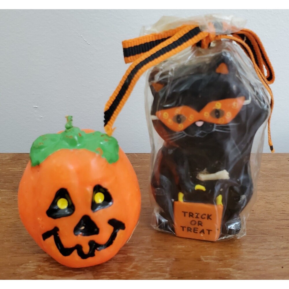 Vintage Mini Candle Lot Jack O' Lantern Pumpkin Black Cat 2004 Halloween Retro